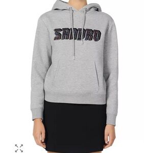 Sandro Gray Boxy Long Sleeve Hoodie bedazzle Grey Graphic Sweatshirt size 2 logo